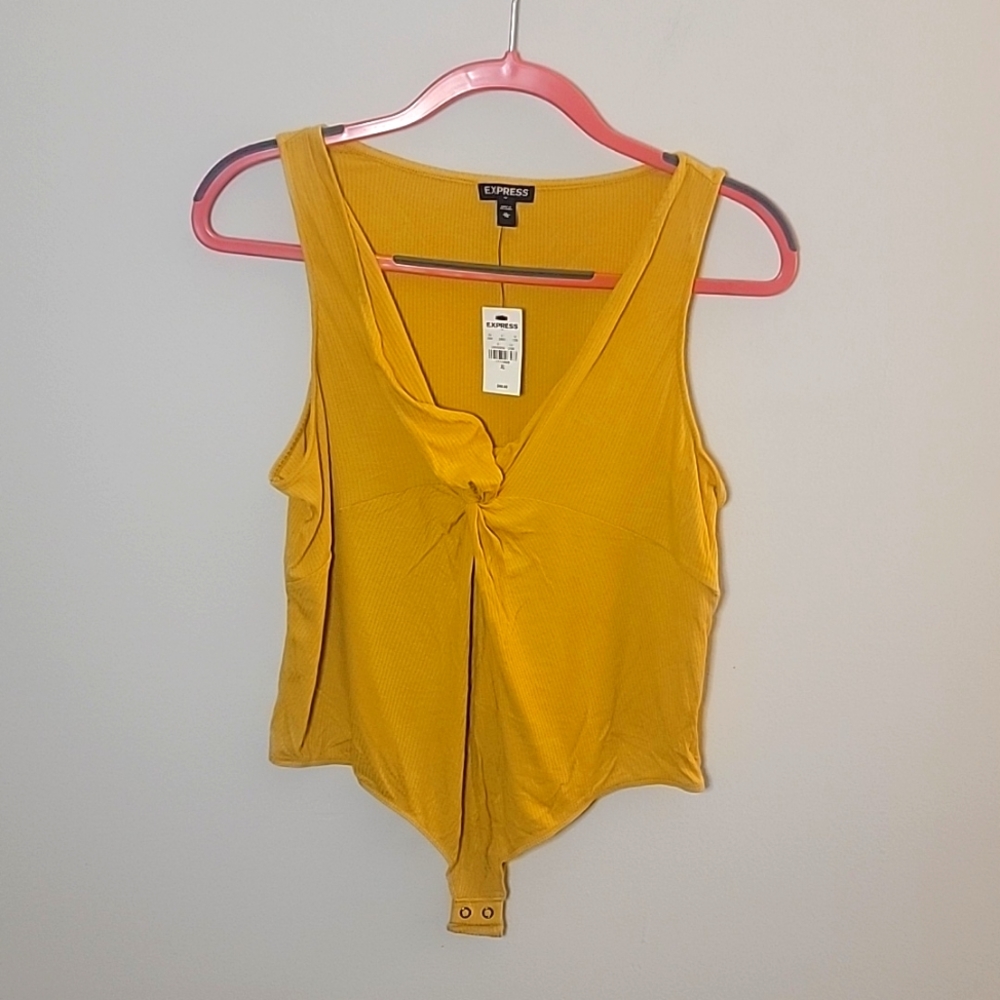 Express Twist-Front Ribbed Mustard Bodysuit